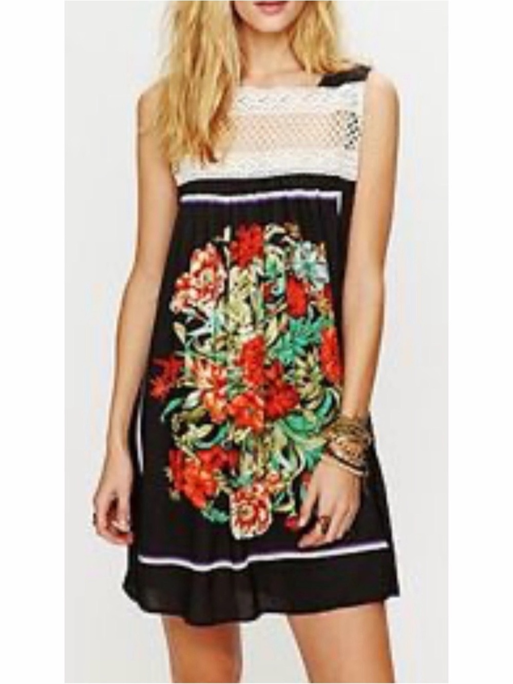 Free People Floral Crochet Sleeveless Dress Black
